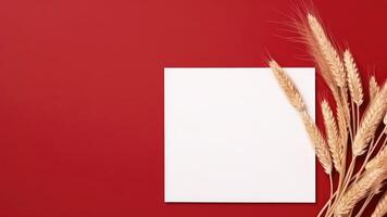 leer Weiß Papier und golden getrocknet Weizen Gras auf rot Hintergrund. Hochzeit Karte und Raum zum Ihre Botschaft. generativ ai. foto