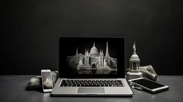 Multimedia Clever Gerät wie Laptop, Smartphone, Tablette mit Bildschirm von Kuppel Gebäude Bild auf grau Hintergrund. generativ ai. foto
