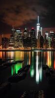 tolle Panorama- Nacht Horizont von Manhattan, Neu York Stadt. generativ ai Technologie. foto