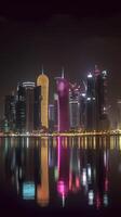 blendend Nacht Panorama- Aussicht von Katar Horizont reflektieren im das Wasser. generativ ai Technologie. foto