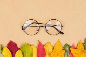 flach liegendes Foto mit Brille und trockenen Ahornblättern