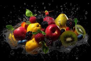 verschiedene Obst mit Wasser Spritzen auf dunkel Hintergrund, gesund Früchte Reich im Vitamine. generativ ai foto