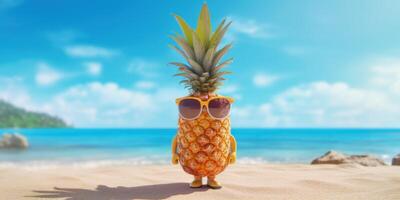 Ananas mit Sonnenbrille auf tropisch Strand Blau Himmel Hintergrund. generativ ai foto