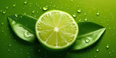 frisch Scheibe Limette mit Wasser fallen auf Grün Hintergrund. generativ ai foto