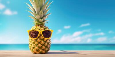 Ananas mit Sonnenbrille auf tropisch Strand Blau Himmel Hintergrund. generativ ai foto