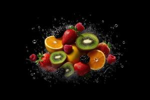 frisch Früchte mit Spritzen auf schwarz Hintergrund. generativ ai foto