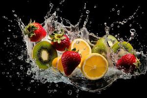 verschiedene Obst mit Wasser Spritzen auf dunkel Hintergrund, gesund Früchte Reich im Vitamine. generativ ai foto