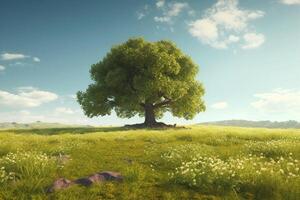 einsam Baum auf ein Grün Wiese mit Weiß Blumen. generativ ai foto