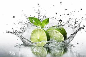 Limette Spritzen mit Wasser Tropfen isoliert auf Weiß Hintergrund. frisch Frucht. generativ ai foto