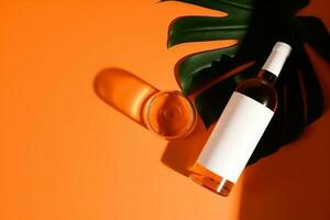 oben Horizont von tropisch schnippen Spur , Weiß Flasche und Wein Glas auf Orange Hintergrund. Video Animation foto