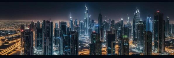 Dubai, VAE Stadtbild beim Nacht mit Beleuchtung mit Blick auf das burj Khalifa. tolle Tourist Ziel, generativ ai Technologie. foto