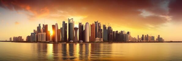 tolle Panorama- Aussicht von Doha Stadt, Katar Horizont während Sonnenuntergang oder Sonnenaufgang. generativ ai Technologie. foto