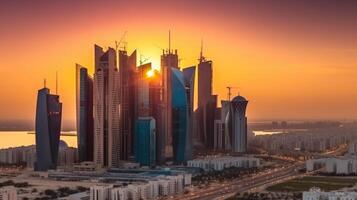 modern Wolkenkratzer Gebäude von Stadt Center von Doha, Katar während Sonnenuntergang oder Sonnenaufgang. generativ ai Technologie. foto