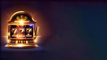 glühend golden Kasino Slot Maschine mit gewinnen Kombination von verdreifachen Sieben. Glücksspiel Sucht, Kasino Spiele Konzept. Glücklich einer bewaffnet Bandit, generativ ai Technologie. foto