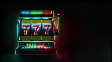 Neon- scheinen Kasino Slot Maschine mit gewinnen Kombination von verdreifachen Sieben. Glücksspiel Sucht, Kasino Spiele Konzept. Glücklich einer bewaffnet Bandit, generativ ai Technologie. foto