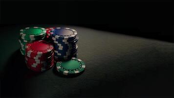 Stapel von bunt Poker Chips und Kopieren Raum auf dunkel Hintergrund zum Kasino Spiel. Wetten auf ein besser finanziell Zukunft, generativ ai Technologie. foto