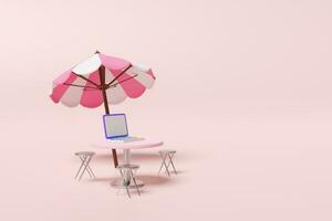 3d runden Tabelle mit Rasen Stuhl, Laptop Computer, Regenschirm isoliert auf Rosa Hintergrund. entspannen Sommer- Ferien Konzept, 3d machen Illustration, Ausschnitt Pfad foto