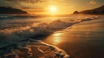 schön Sonnenuntergang auf das Strand. Panorama- Aussicht von Ozean Wellen beim Sonnenuntergang. generativ ai foto