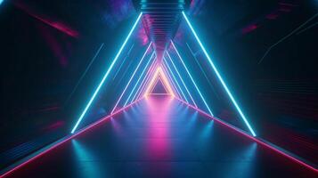 3d abstrakt Hintergrund mit Neon- Beleuchtung. Neon- Tunnel. 3d Illustration generativ ai foto