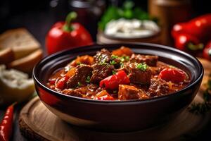 aromatisch Gulasch mit Rindfleisch und Paprika, ungarisch Stil, generativ ai foto