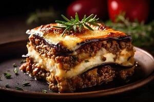 aromatisch Moussaka mit Aubergine und Rindfleisch, griechisch Stil, generativ ai foto