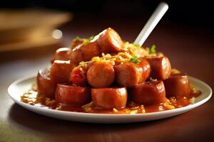 köstlich Currywurst mit Würstchen und Curry Soße, Deutsche Stil, generativ ai foto