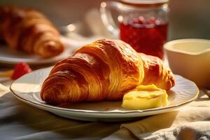 Croissant mit Butter und Marmelade, Weiß Teller und Serviette Hintergrund, Französisch Stil, generativ ai foto