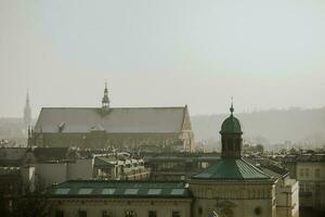 Dächer Panorama mit Türme von das Polen Stadt Krakau während das Winter Tag mit grau bedeckt Himmel foto