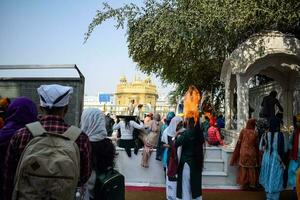 Amritsar, Indien - - Februar 26 2023 - - unbekannt Anhänger von verschiedene Teile beim golden Tempel - - Harmandir sahib im Amritsar, Punjab, Indien, berühmt indisch Sikh Wahrzeichen, golden Tempel foto