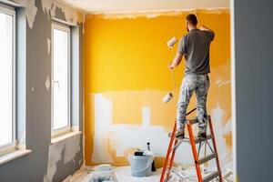 Gemälde Arbeit während ein Haus Renovierung erstellt mit generativ ai Technologie. foto