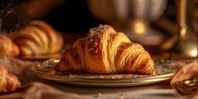 ai generiert. ai generativ. frisch gebacken golden lecker traditionell Croissant. Grafik Kunst foto