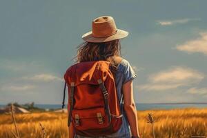 Reisen Frau mit Rucksack im Sommer- Hintergrund. generativ ai foto