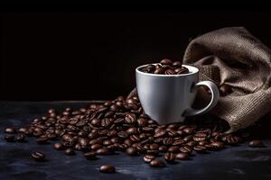 Tasse von Kaffee und Kaffee Bohnen im ein Sack auf dunkel Hintergrund. generativ ai foto
