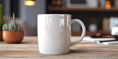 ai generiert. ai generativ. Keramik Weiß Farbe Becher Tasse Morgen Tee Kaffee auf Holz Tabelle im hell Küche. können Sein benutzt zum Förderung oder Grafik Design Marke. Grafik Kunst foto