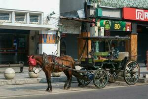 Yogyakarta, Indonesien - - März 20, 2023 - - andong geparkt auf Straßenrand von das malioboro Straße im das Morgen foto