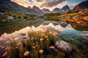 tolle immer noch Reflexionen beim See umgeben durch Berge erstellt mit generativ ai foto