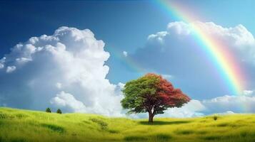 schön Landschaft mit Grün Gras Feld und einsam Baum im das Hintergrund tolle Regenbogen. erstellt mit generativ ai foto