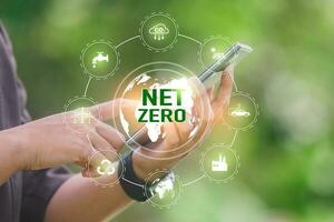 Netz Null und Kohlenstoff neutral Konzepte Netz Null Emissionen Tore mit ein in Verbindung gebracht Symbol Konzept verbunden zu Netz Null mit Hexagon Netz. foto