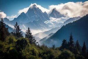 Foto Fantasie Berg Landschaft mit Wald generativ ai