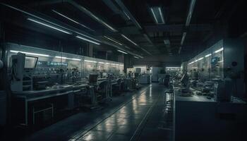 futuristisch Maschinen leuchtet modern Fabrik beim Nacht generiert durch ai foto