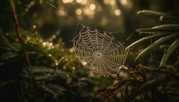 Spinne Netz glitzert im feucht Herbst Wald generiert durch ai foto