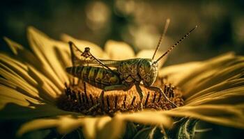 Grün Blatt, Gelb Blume, Heuschrecke sitzt generiert durch ai foto