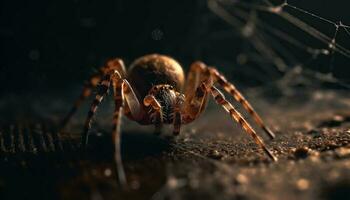 gespenstisch Spinnentier kriechen auf klein Spinne Netz generiert durch ai foto