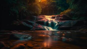 glatt Wasser fließend Über Felsen im Wald generiert durch ai foto