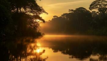 golden Sonne setzt Über still Wasser Landschaft generiert durch ai foto