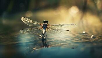 beschwingt Libelle Flügel spiegelt im still Teich generiert durch ai foto