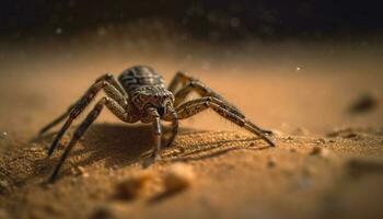 gespenstisch Spinnentier kriecht auf gestreift Spinne Netz generiert durch ai foto