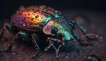 metallisch Rüsselkäfer kriechen auf Grün Blatt Oberfläche generiert durch ai foto