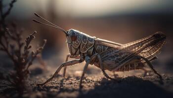 gespenstisch Heuschrecke Sitzung auf Blatt, selektiv Fokus generiert durch ai foto