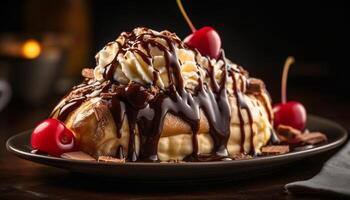 Stapel von hausgemacht Pfannkuchen mit Schokolade Soße generiert durch ai foto